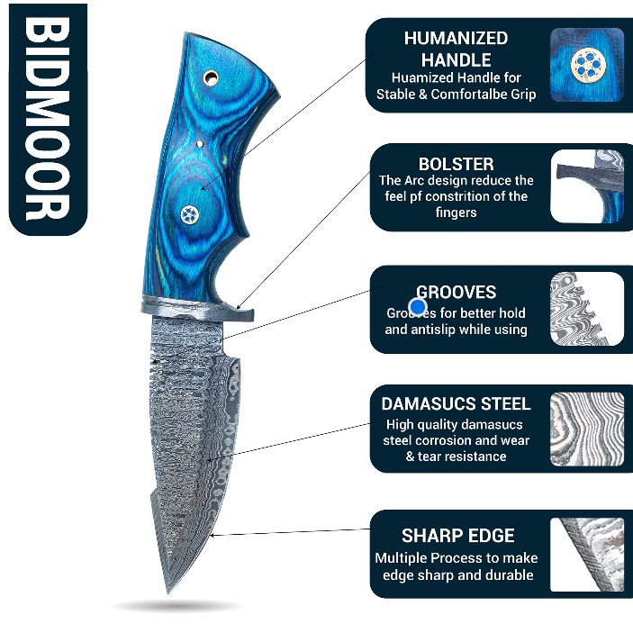 Handmade Damascus Steel Hunting knife Blue Handle